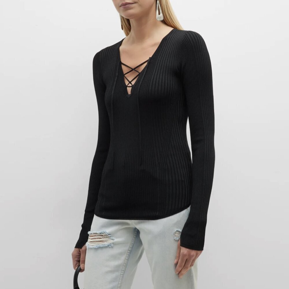 Rag & Bone Carrie Lace-Front Ribbed Long Sleeve Pullover V-Neck Top Black Medium